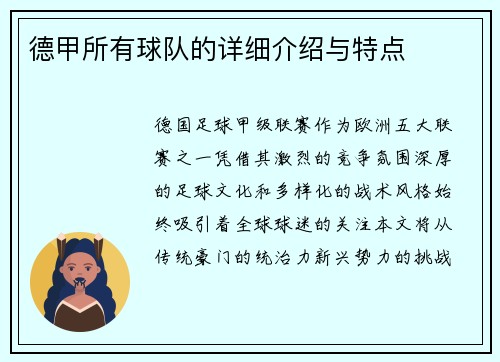 德甲所有球队的详细介绍与特点